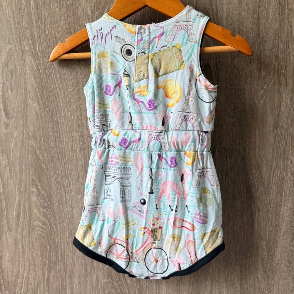 Birdie Bean Romper Girl 12-18 Months Blue Paris Poodle Bamboo French Chic Bubble